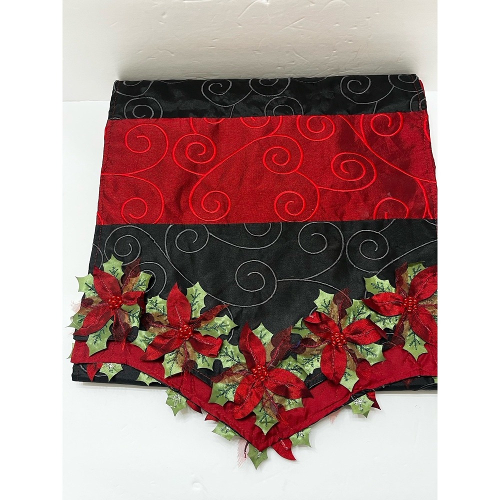 Christmas Poinsettia Table Runner Applique Flowers And Holly Leaves Red Black